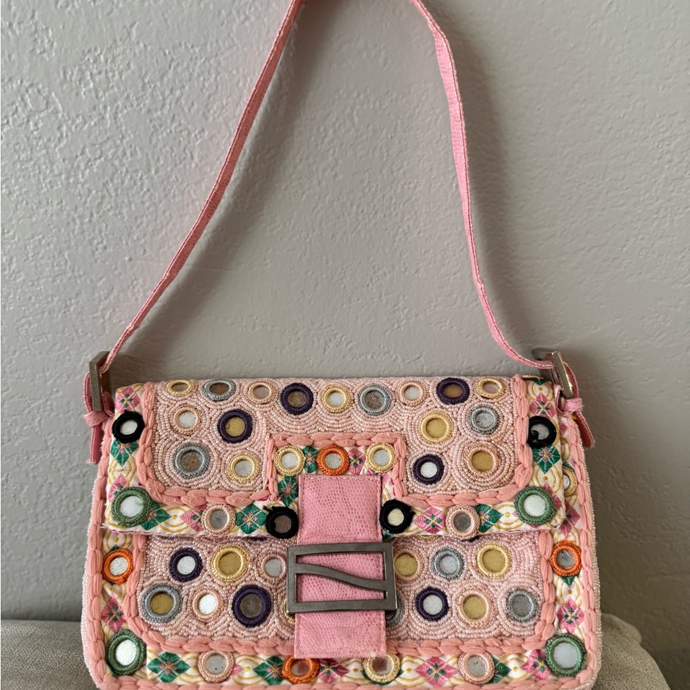 Vintage Pink mirrored Embroidered Women's Baguette shoulder Bag like Fendi
